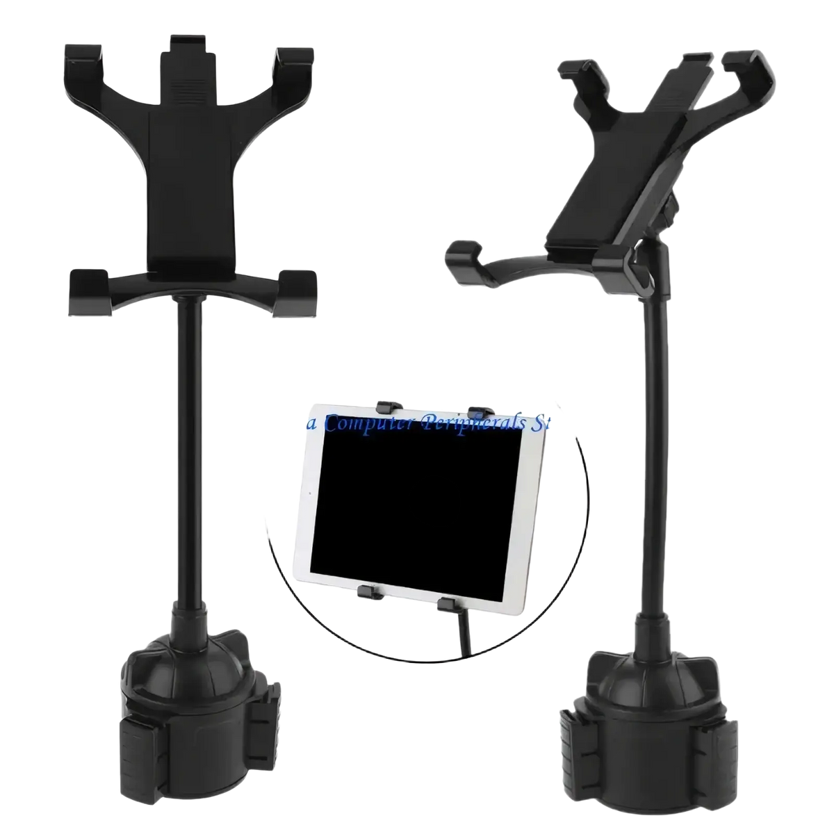 Black plastic car cup holder tablet mount stand for 7 to 12 inch devices shown from the back side