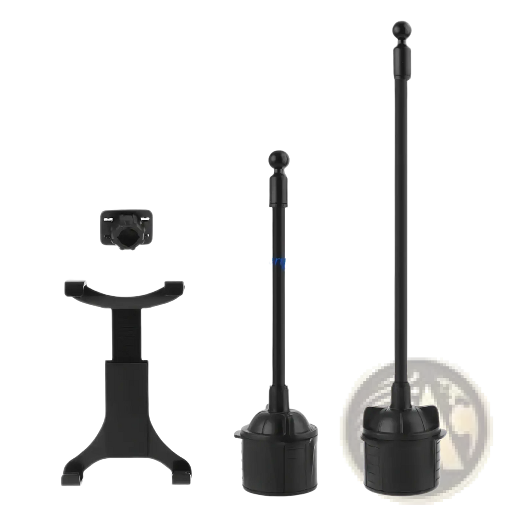 Black plastic car cup holder tablet mount with adjustable height and ball joint for 7 to 12 inch devices