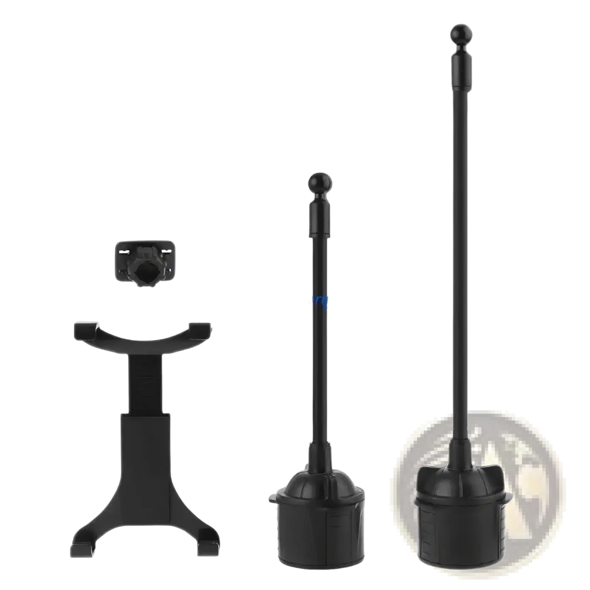 Black plastic car cup holder tablet mount with adjustable height and ball joint for 7 to 12 inch devices