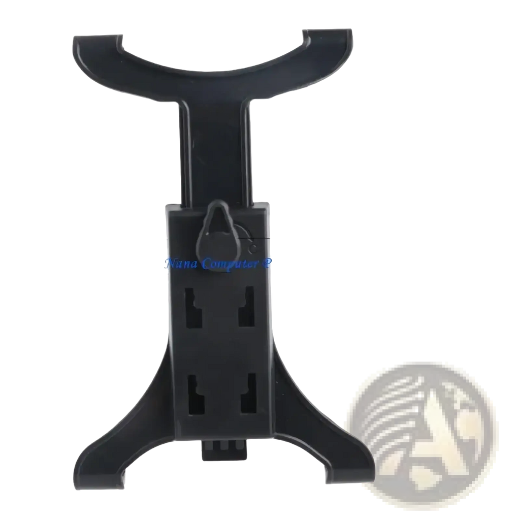 Black plastic car cup holder tablet mount with central locking mechanism and curved top arms for 7 to 12 inch devices
