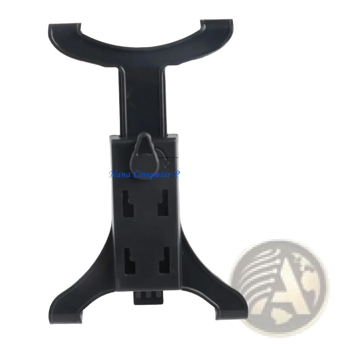 Black plastic car cup holder tablet mount with central locking mechanism and curved top arms for 7 to 12 inch devices