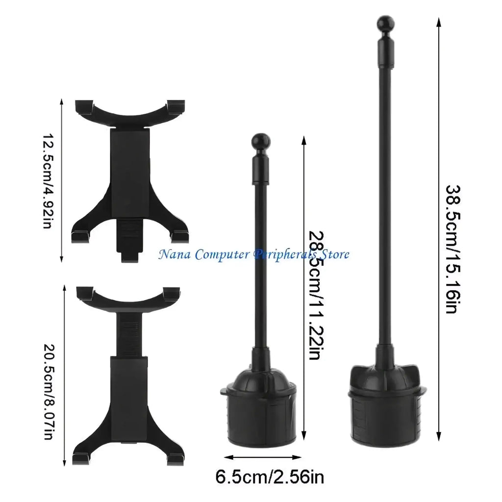Black plastic car cup holder tablet mount with adjustable height and ball-topped pole for 7 to 12 inch devices
