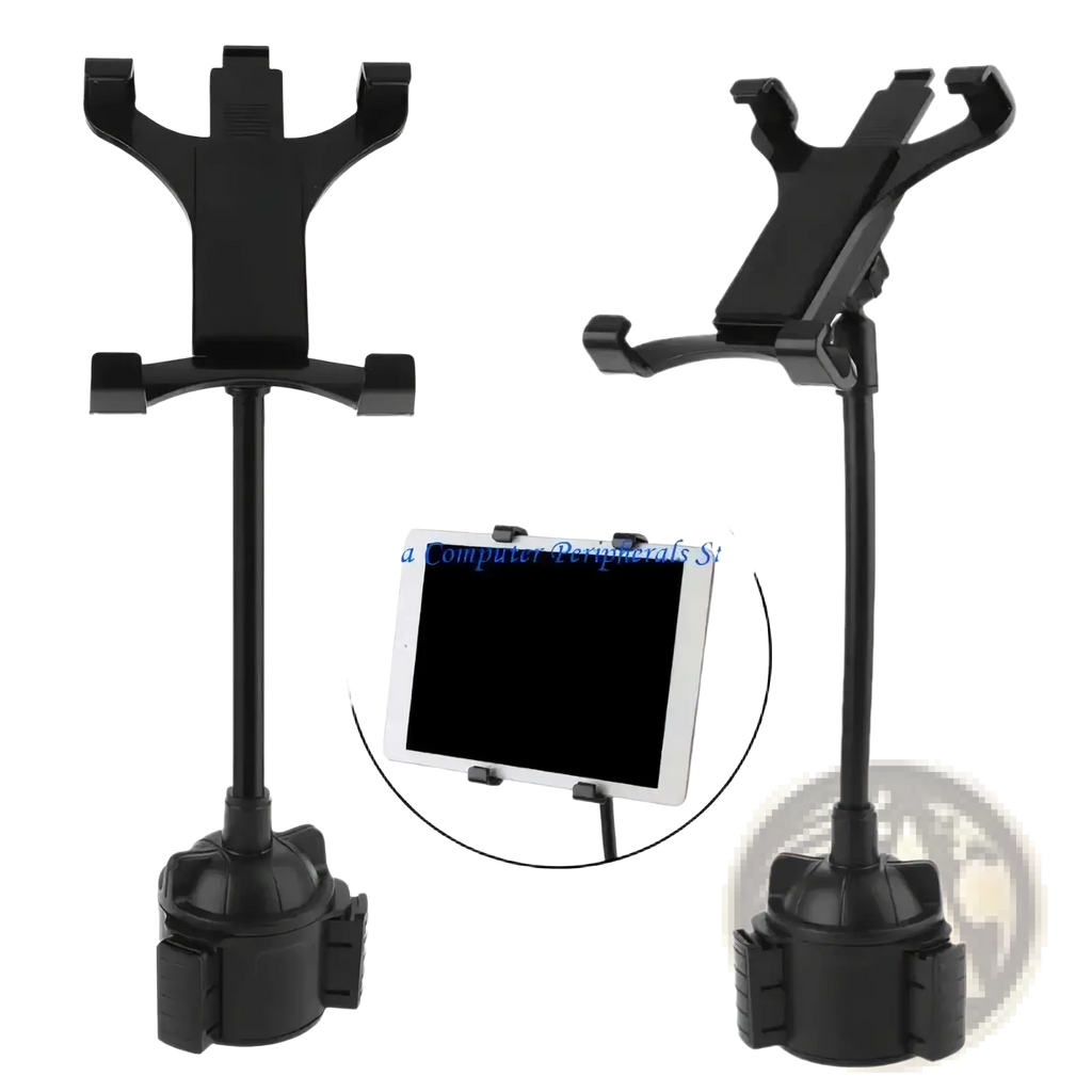 Black plastic car cup holder tablet mount stand for 7 to 12 inch devices shown from the back side