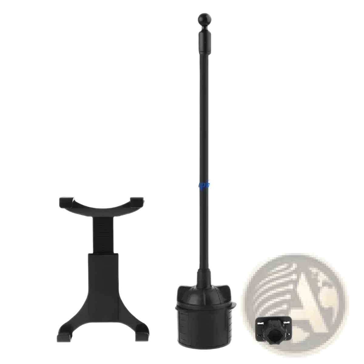 Black plastic car cup holder tablet mount with adjustable height for 7 to 12 inch devices showing back side