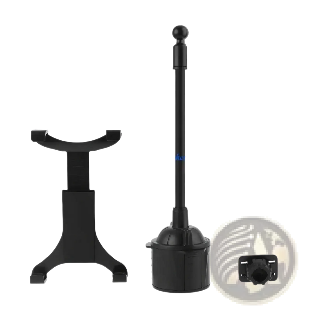 Black plastic car cup holder tablet mount with adjustable arm for 7 to 12 inch devices shown from back side