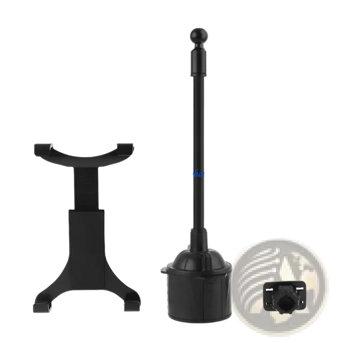 Black plastic car cup holder tablet mount with adjustable arm for 7 to 12 inch devices shown from back side