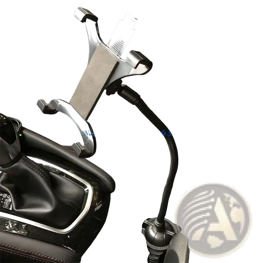 Silver metallic car cup holder tablet mount with flexible black arm for 7 to 12 inch devices on dashboard