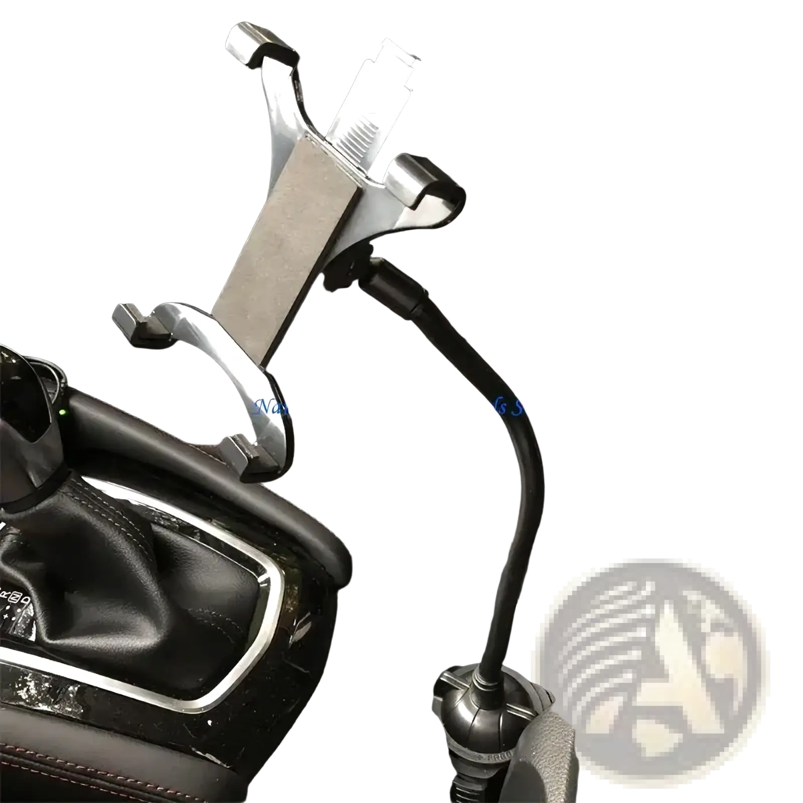 Silver metallic car cup holder tablet mount with flexible black arm for 7 to 12 inch devices on dashboard