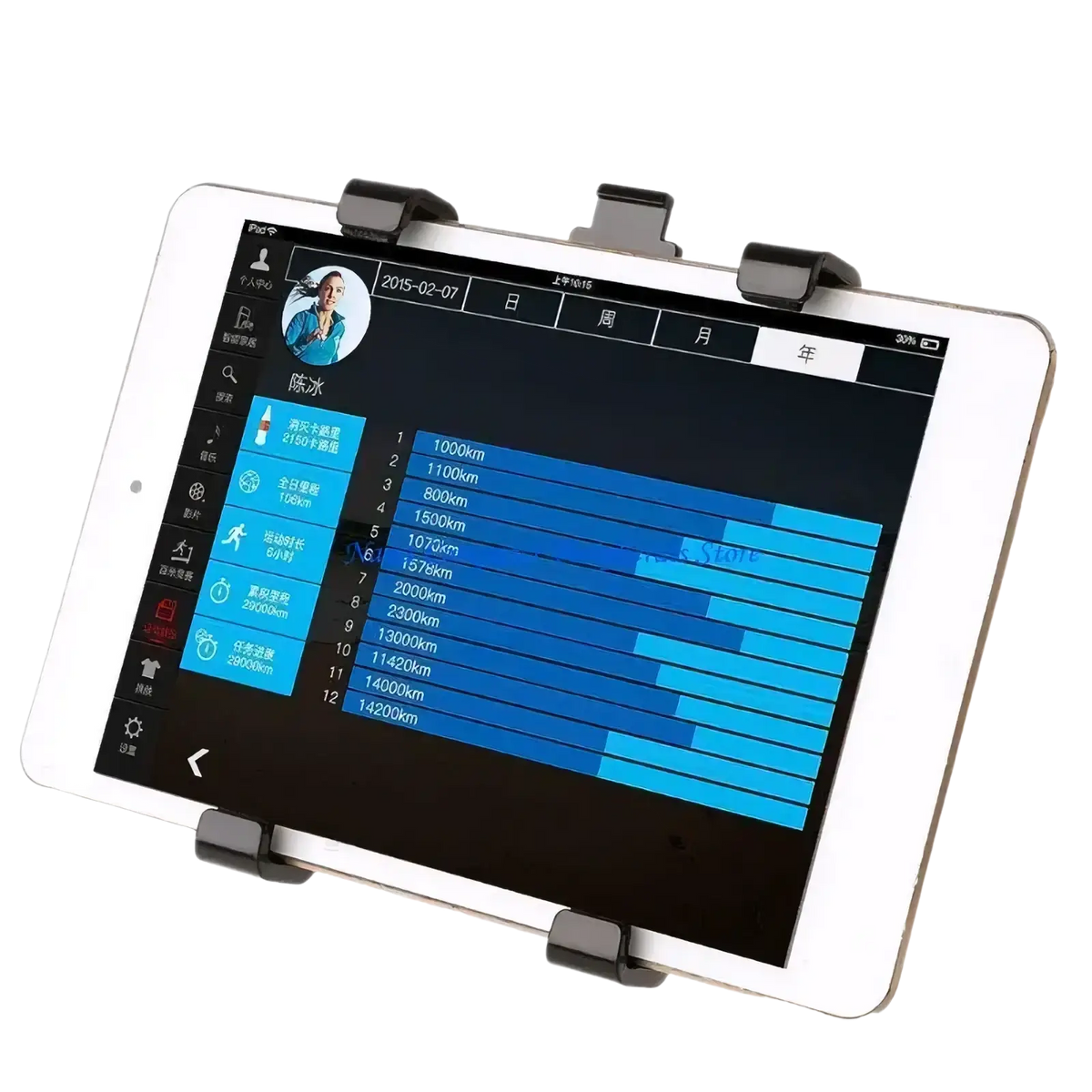 White tablet with black clip-on stand displaying fitness app mounted on car cup holder for 7 to 12 inch devices