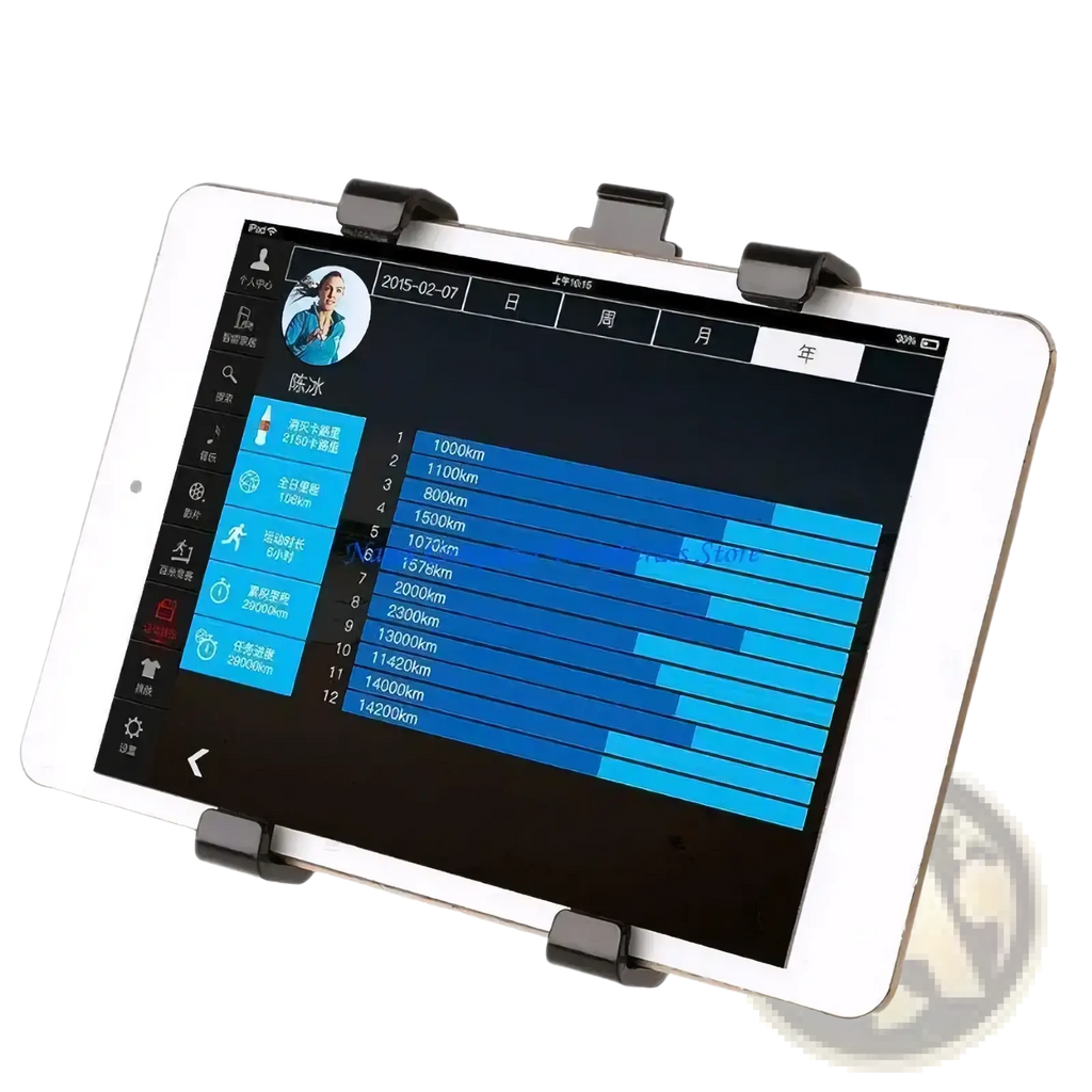 White tablet with black clip-on stand displaying fitness app mounted on car cup holder for 7 to 12 inch devices