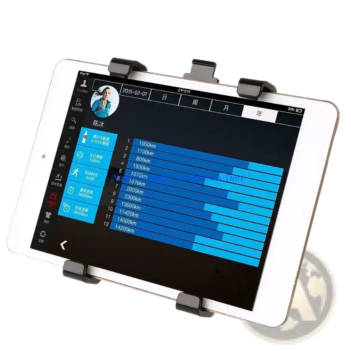 White tablet with black clip-on stand displaying fitness app mounted on car cup holder for 7 to 12 inch devices