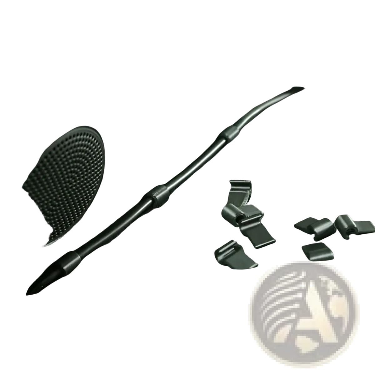 Black plastic car dashboard cable clips and interlocking wire organizers scattered next to an installed tie