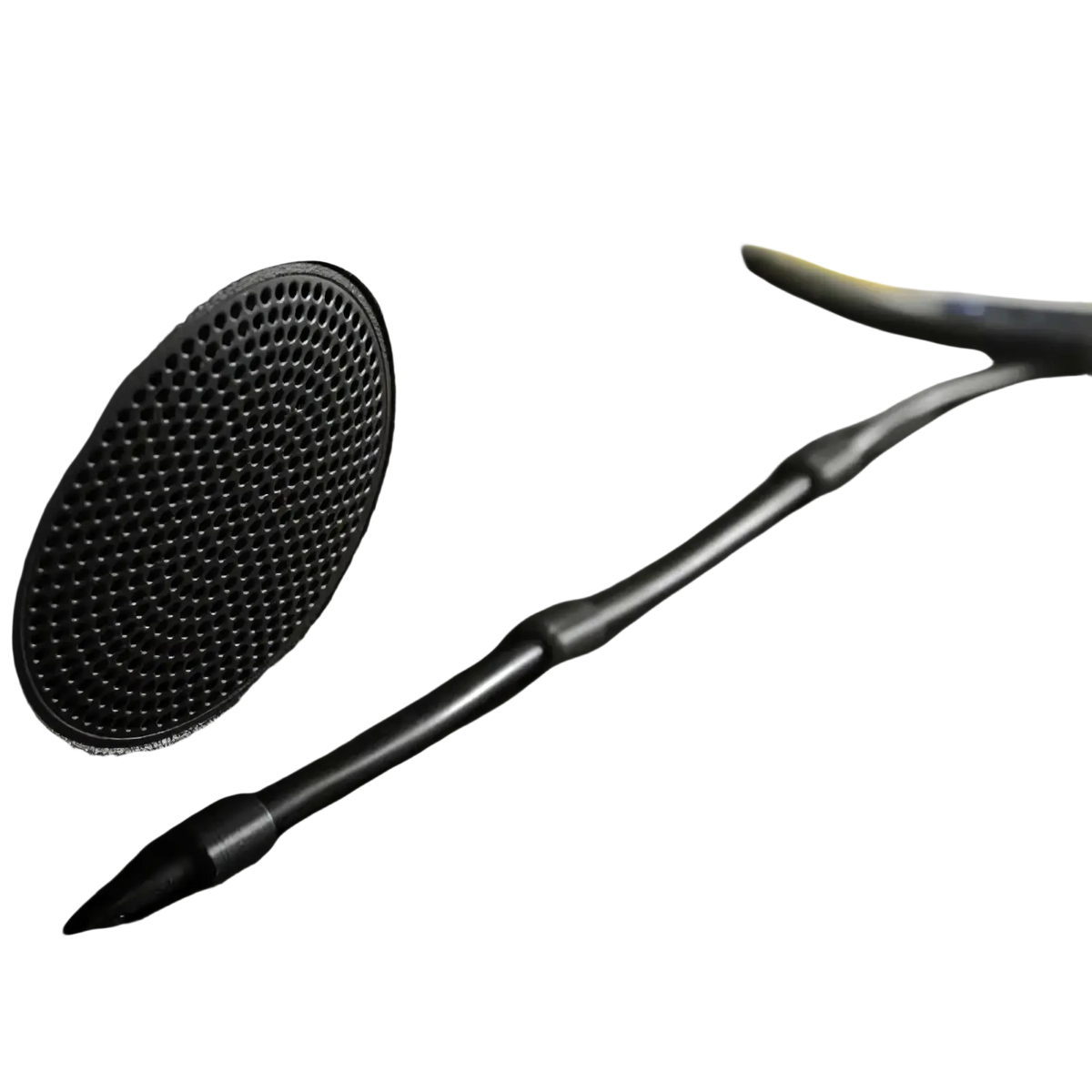 Black car dashboard cable clips with textured speaker grille and circular perforations for wire organization