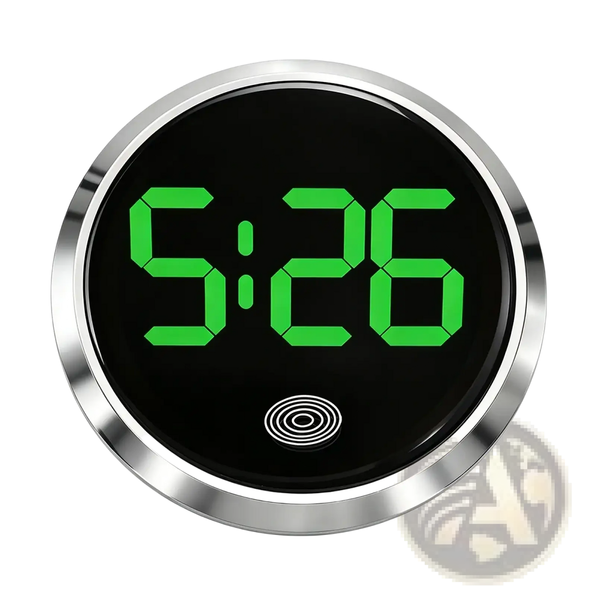 Car dashboard digital clock led touch display with circular silver metallic frame and bright green led numerals showing 5:26