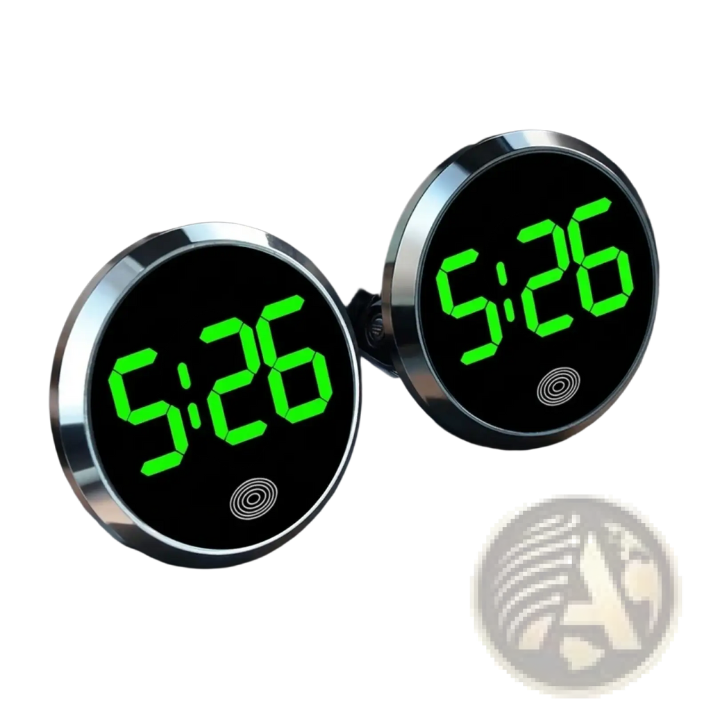 Two circular car dashboard digital clocks with bright green led displays and chrome-finished bezels showing 5 26
