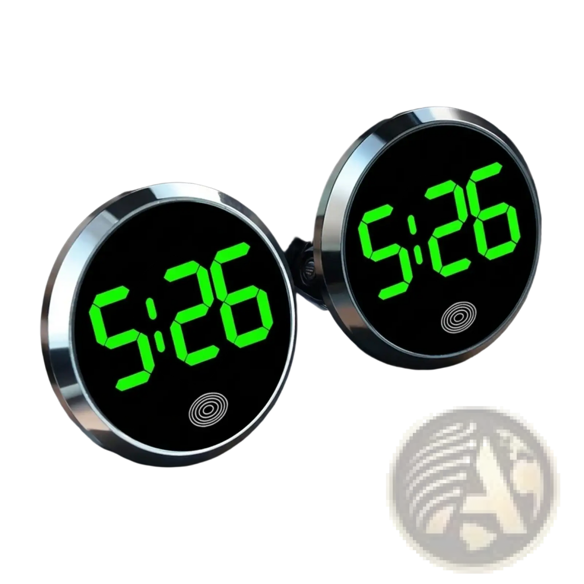 Two circular car dashboard digital clocks with bright green led displays and chrome-finished bezels showing 5 26