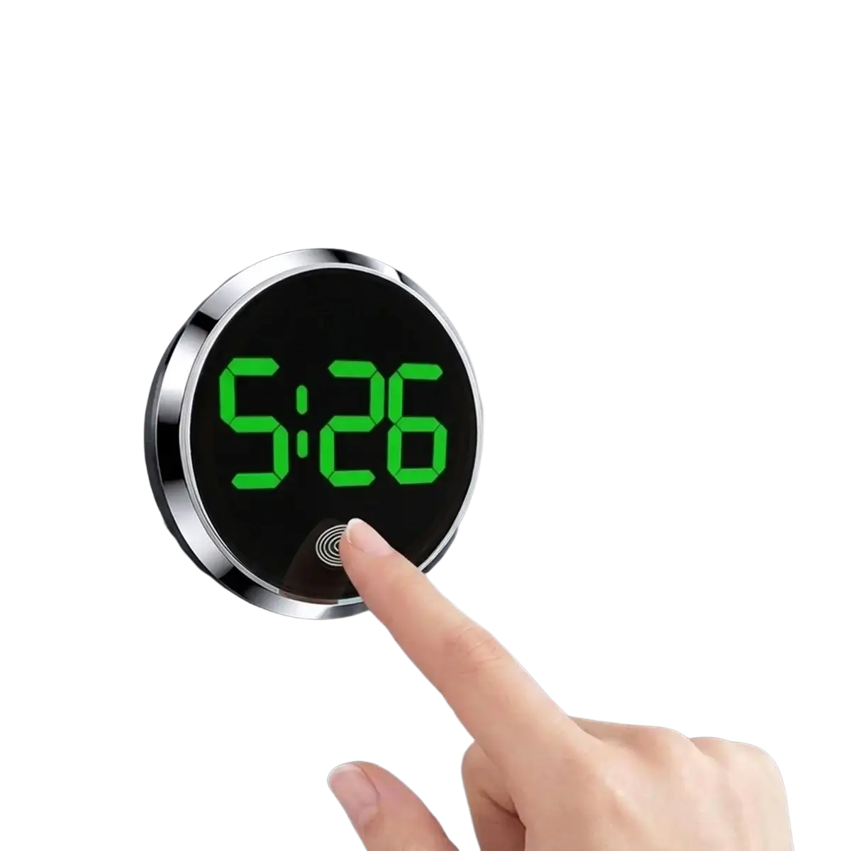 Car dashboard digital clock with sleek silver metallic frame and bright green led touch display showing 5:26