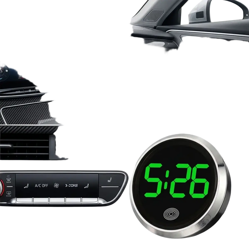 Circular digital car dashboard clock with bright green led display and sleek silver metallic frame showing time 5 26