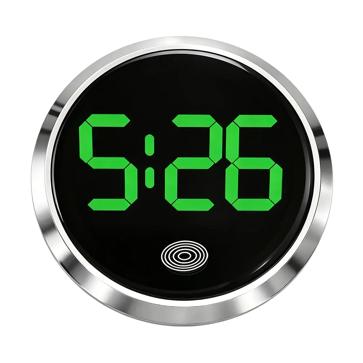 Car dashboard digital clock led touch display with circular silver metallic frame and bright green led numerals showing 5:26