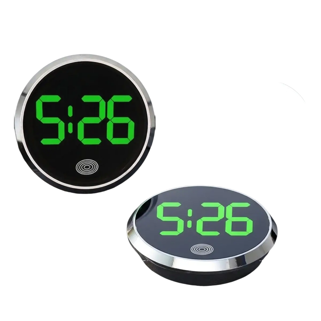 Circular digital car clock with black face silver metallic rim and bright green led display showing 5 26 time
