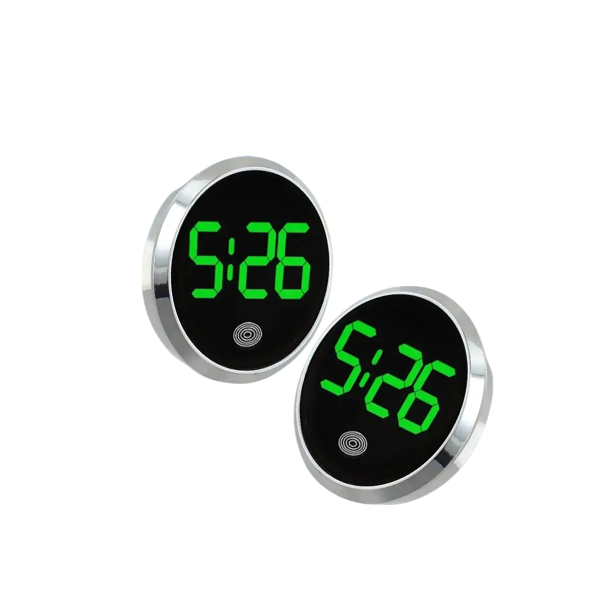 Circular car dashboard digital clock led touch display with silver alloy body black face and green led time display