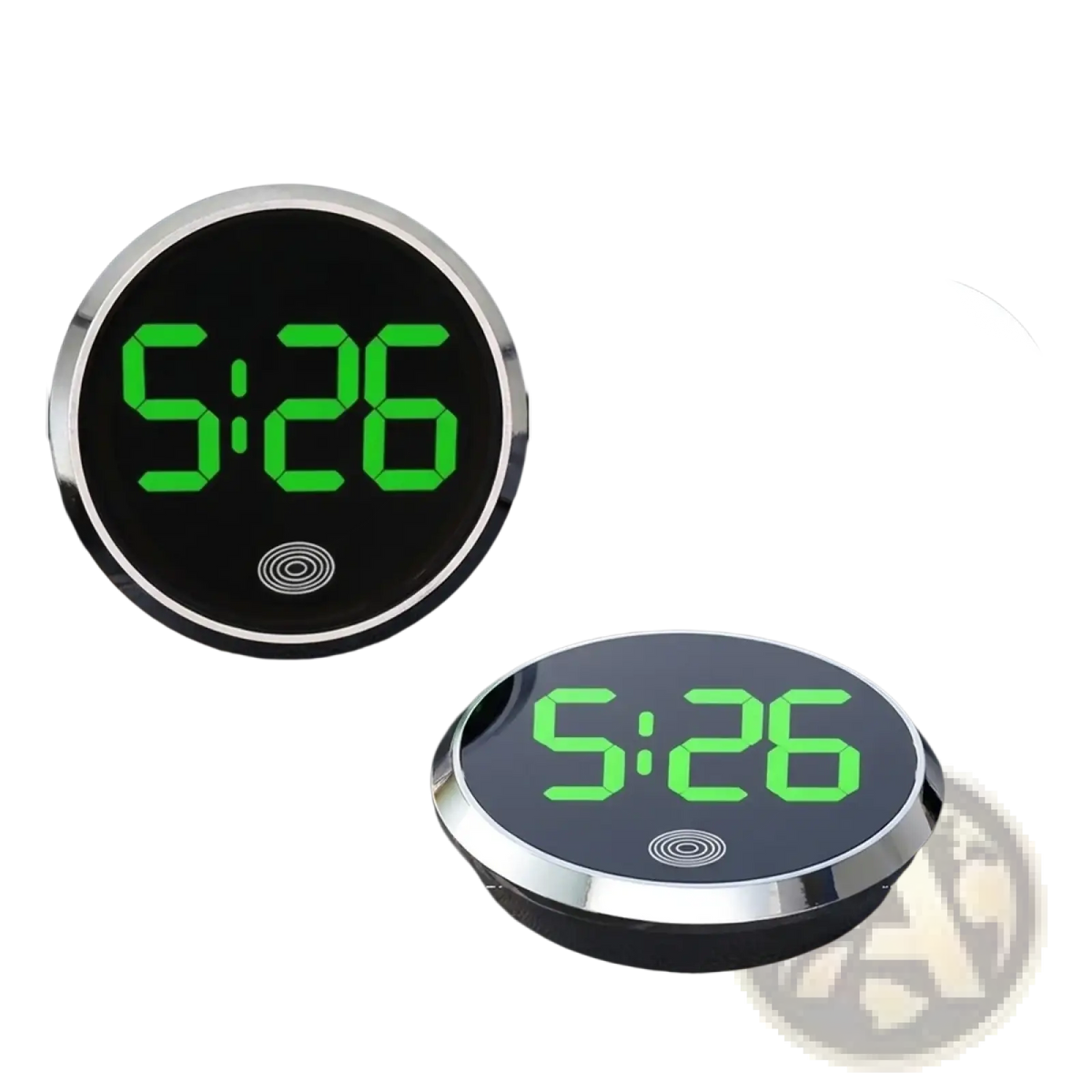 Circular digital car clock with black face silver metallic rim and bright green led display showing 5 26 time