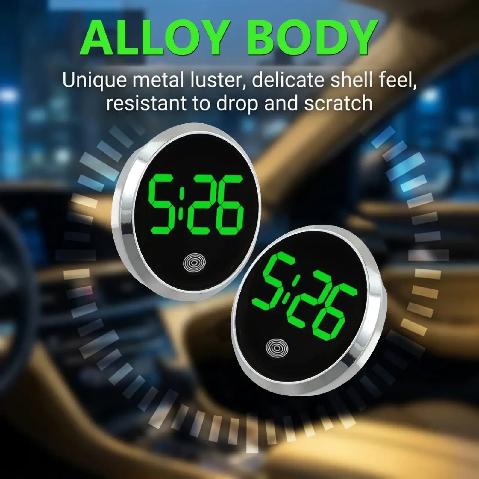 Circular car dashboard digital clock led touch display with silver alloy body black face and green led time display