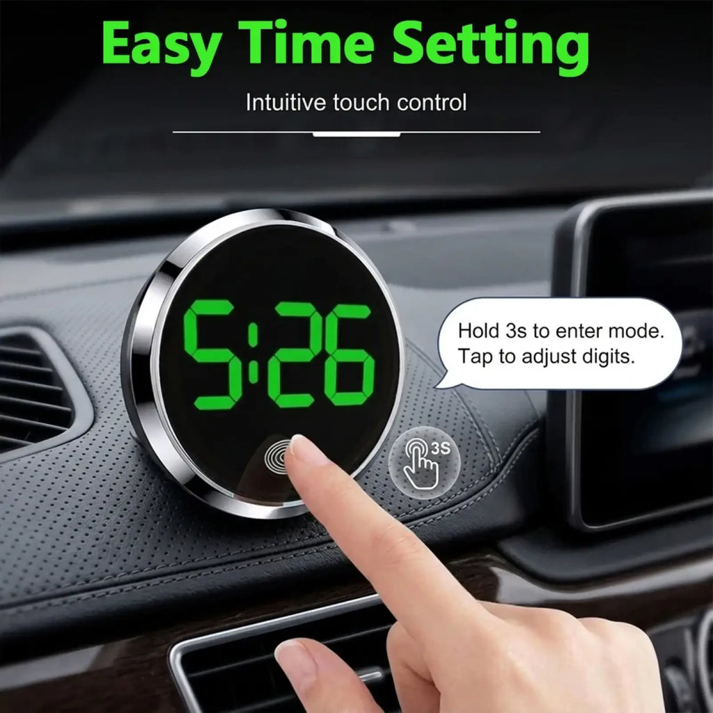 Car dashboard digital clock with sleek silver metallic frame and bright green led touch display showing 5:26