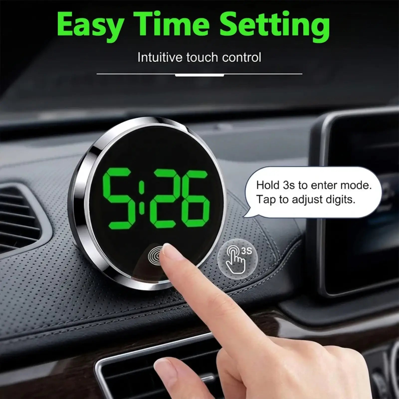 Car dashboard digital clock with sleek silver metallic frame and bright green led touch display showing 5:26