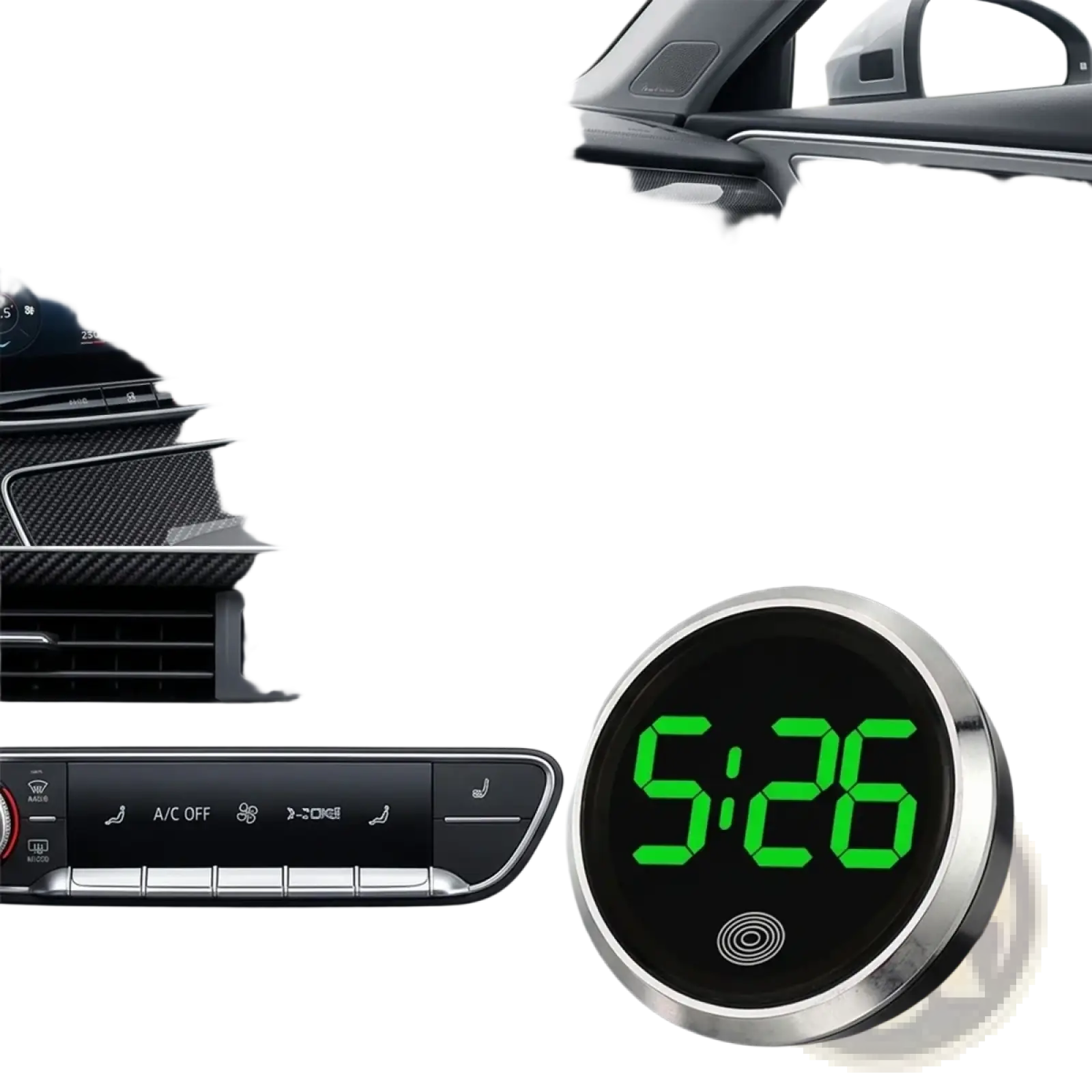 Circular digital car dashboard clock with bright green led display and sleek silver metallic frame showing time 5 26