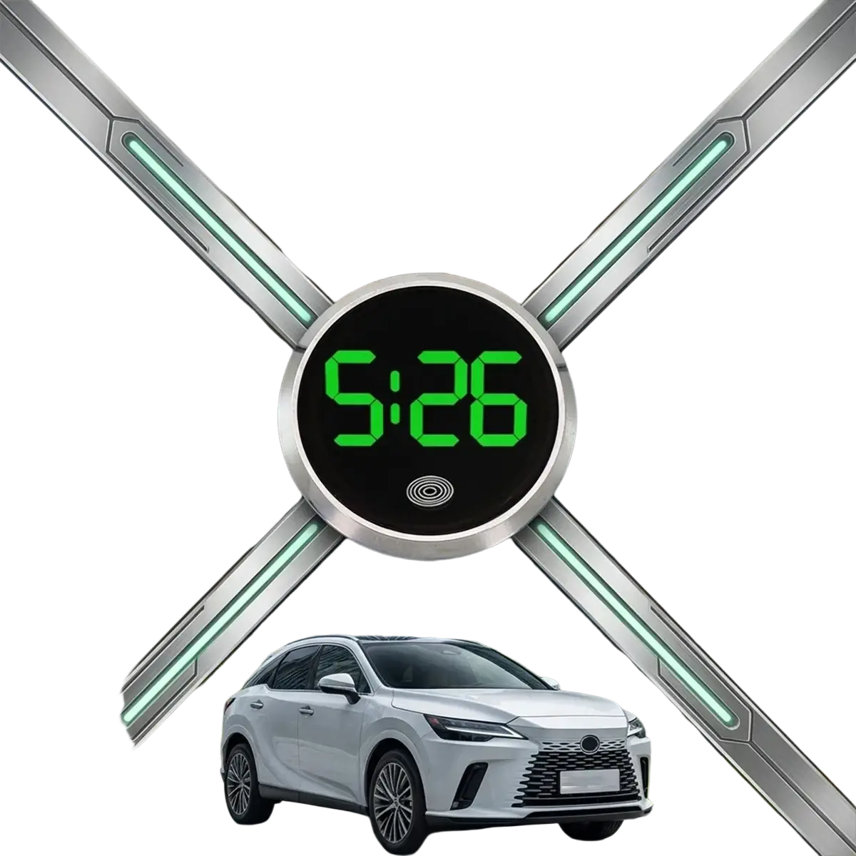 A sleek circular car dashboard digital clock with black face and bright green led touch display showing 5 26