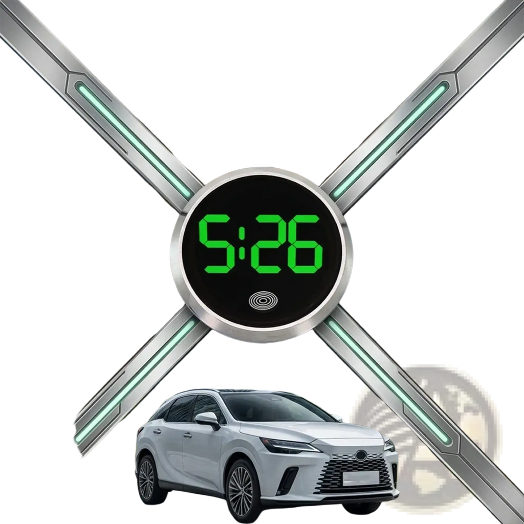 A sleek circular car dashboard digital clock with black face and bright green led touch display showing 5 26