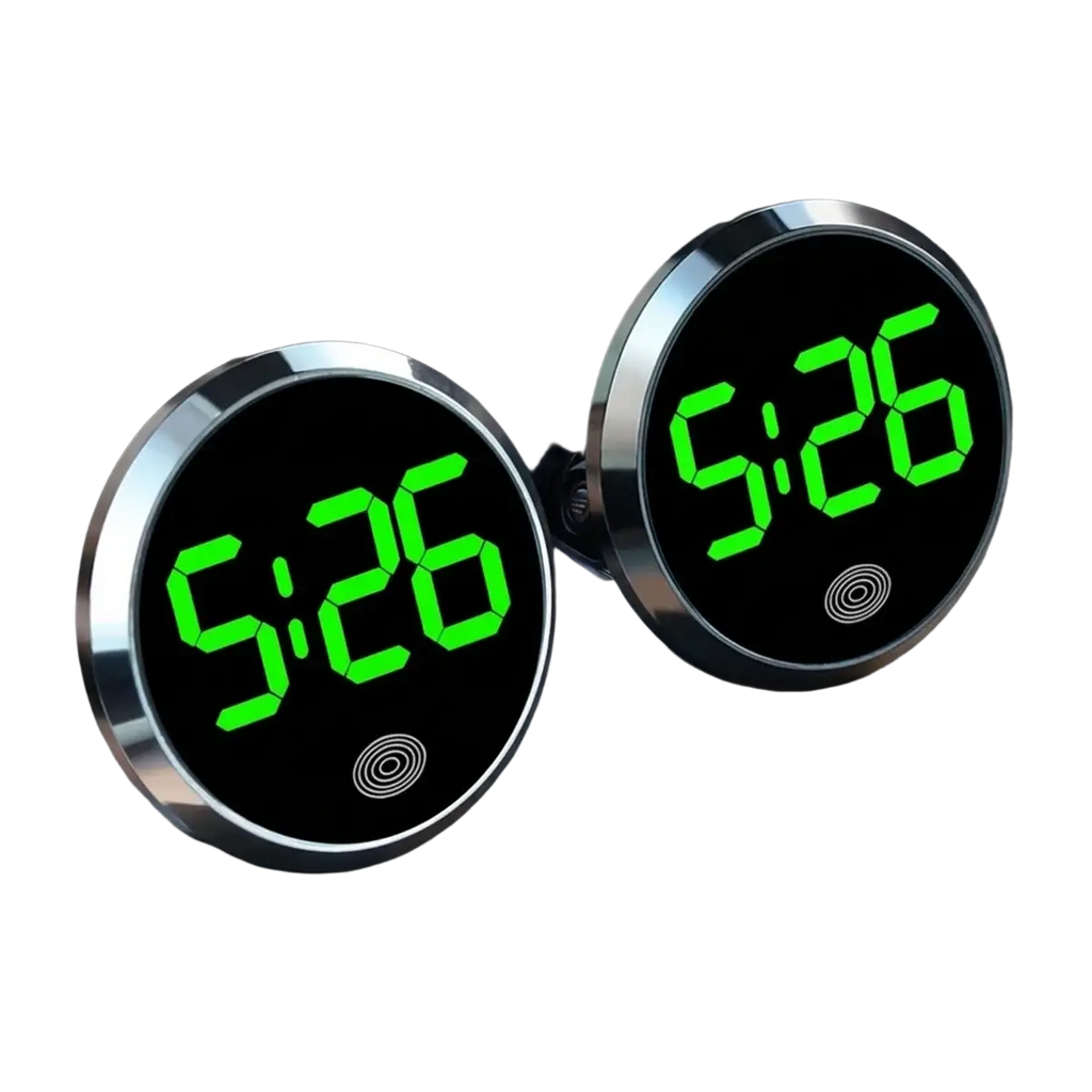Two circular car dashboard digital clocks with bright green led displays and chrome-finished bezels showing 5 26