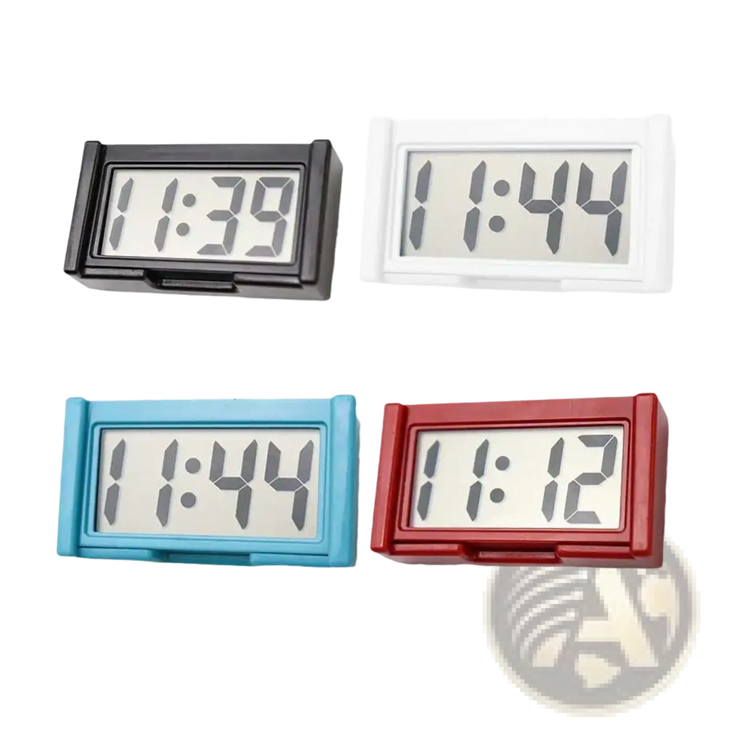 Compact car dashboard digital clocks in black white blue and red plastic casings with gray led numerals and adhesive backing