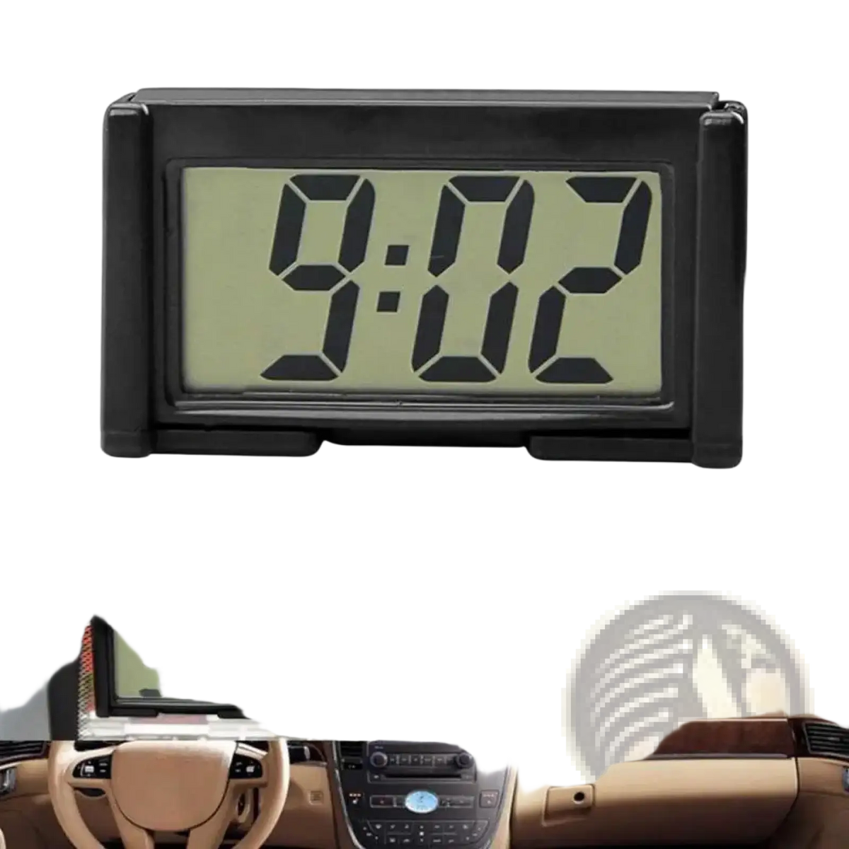 Black rectangular digital car dashboard clock with greenish display showing 9 02 mini adhesive electronic timepiece