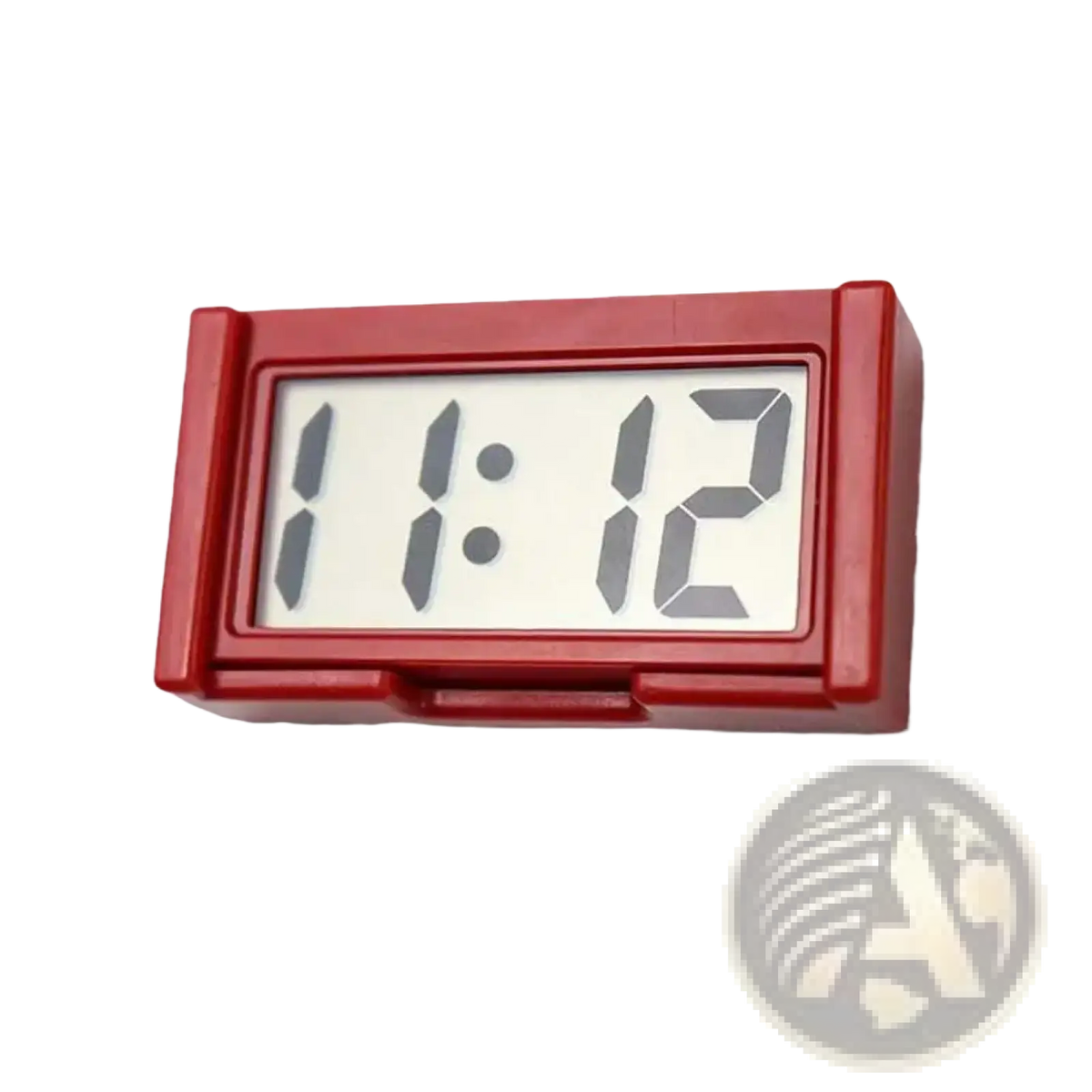 Red rectangular car dashboard digital clock mini adhesive electronic timepiece with white display showing 11 12