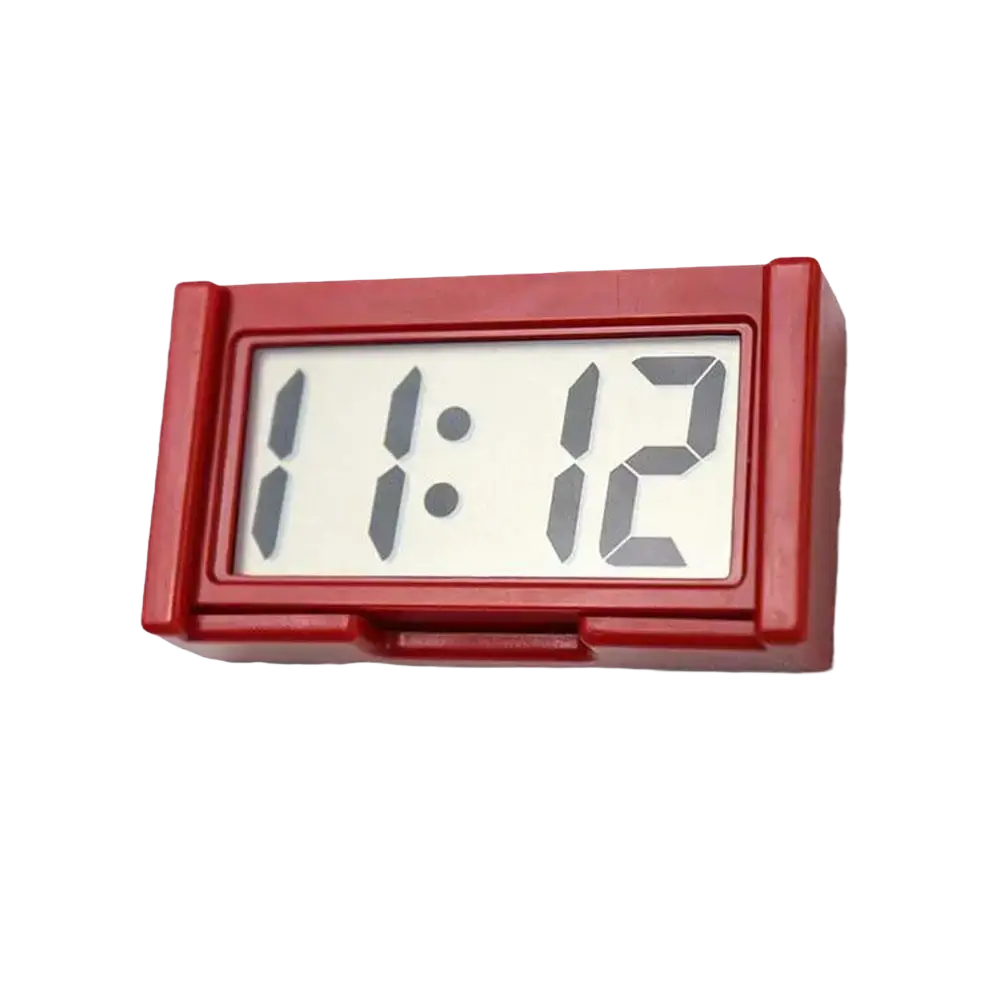 Red rectangular car dashboard digital clock mini adhesive electronic timepiece with white display showing 11 12