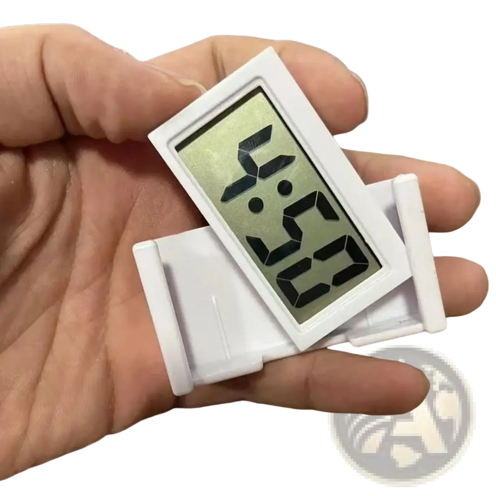 White digital thermometer with rectangular display showing time in black digits for car dashboard use