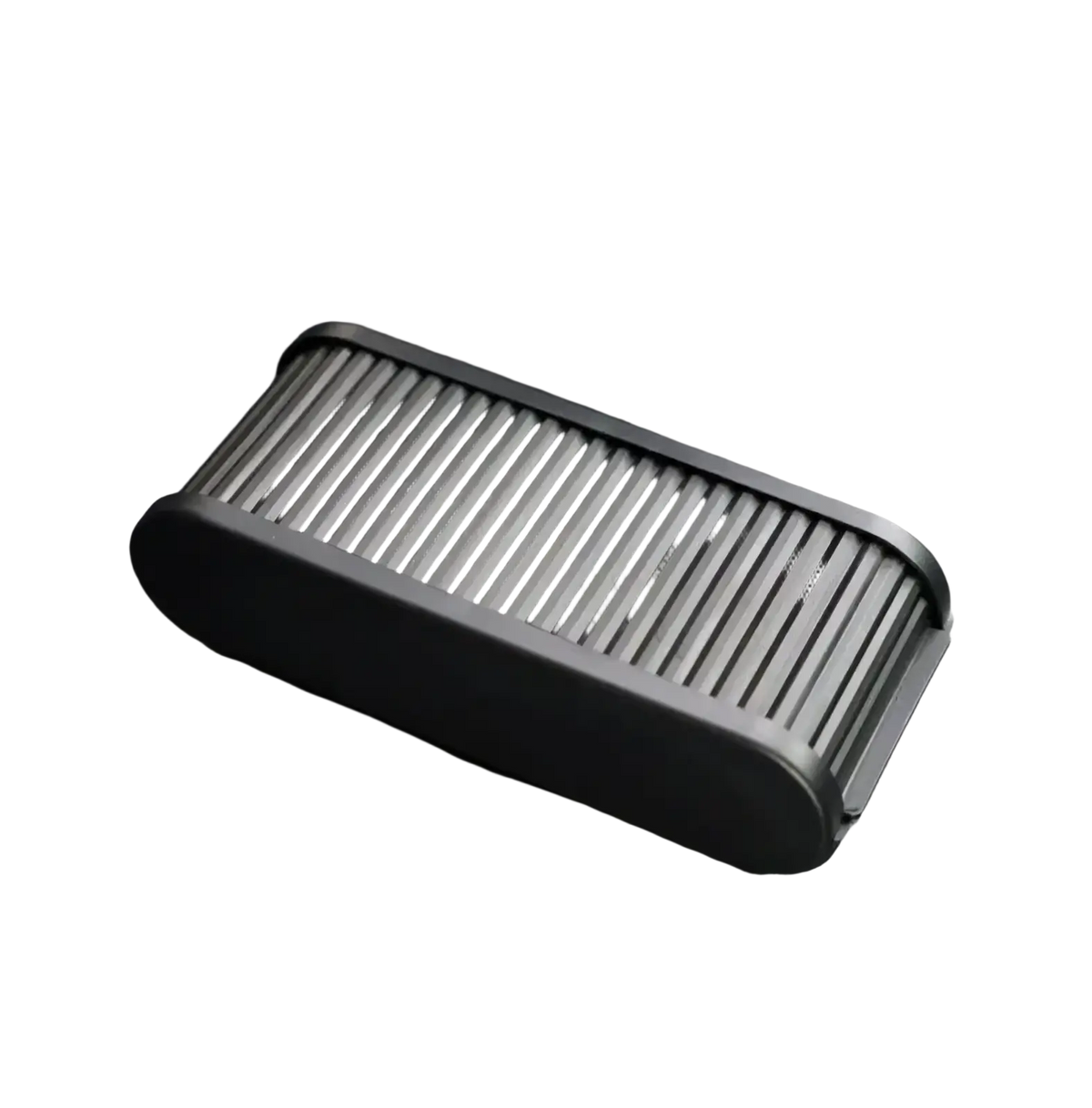 Black plastic car dashboard organizer with lid and coin holder featuring a ribbed slatted top surface