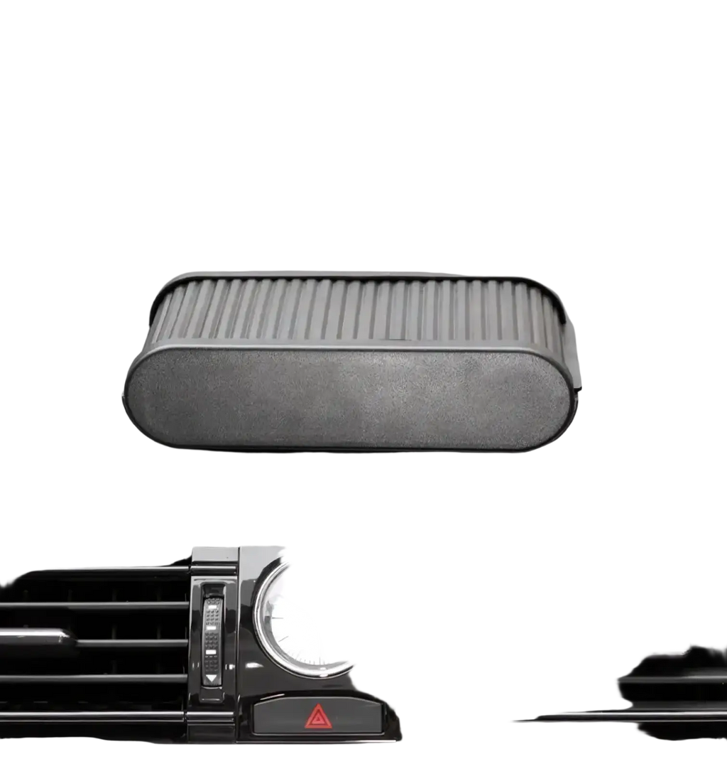 Black rectangular car dashboard organizer with ribbed texture rounded edges lid and coin holder for car storage