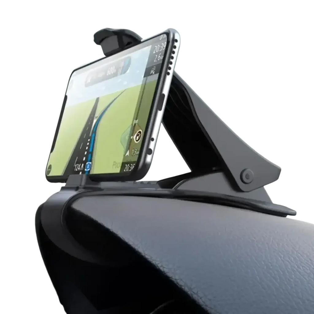 Black plastic car dashboard phone mount rotatable gps holder stand holding a smartphone with navigation app displayed
