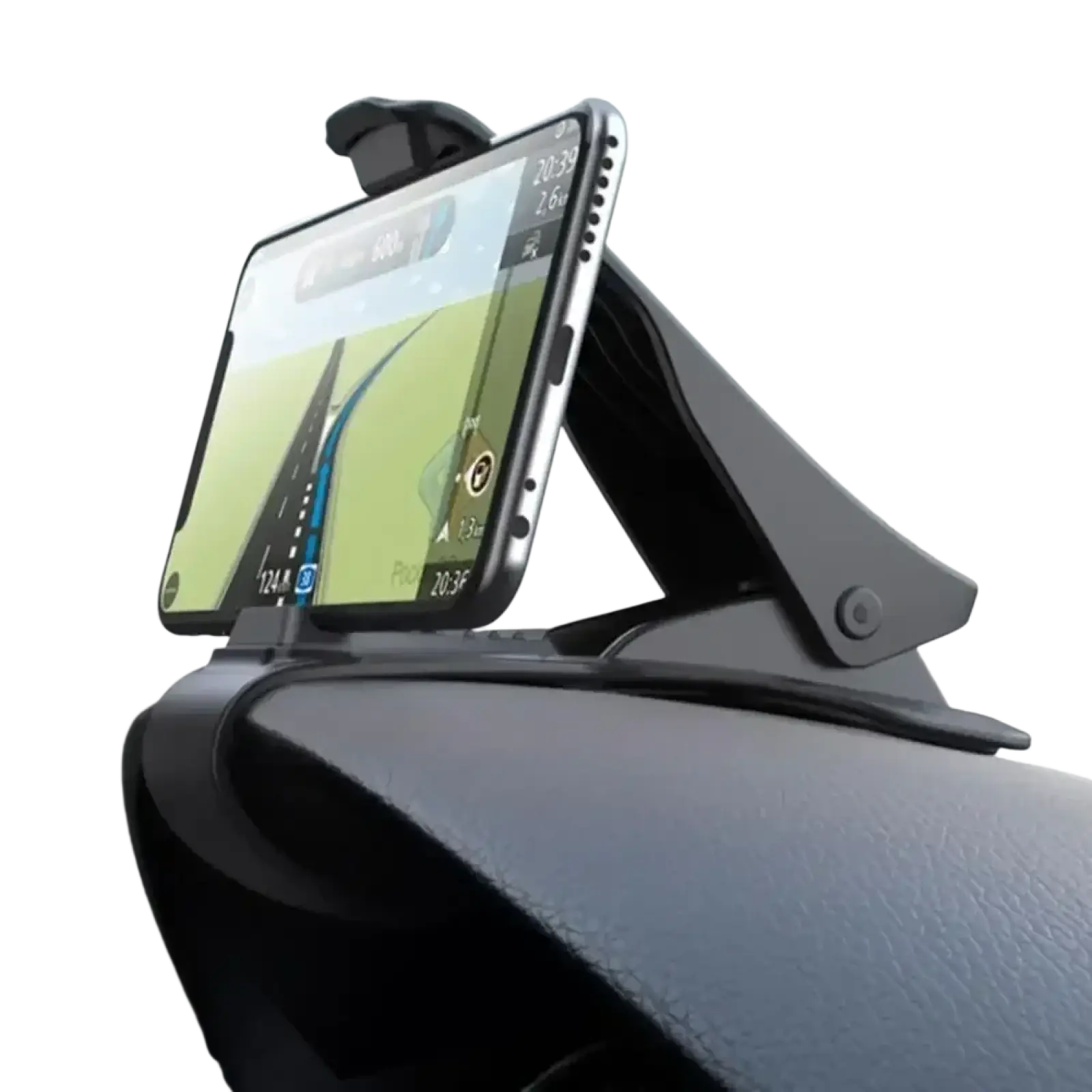 Black plastic car dashboard phone mount rotatable gps holder stand holding a smartphone with navigation app displayed