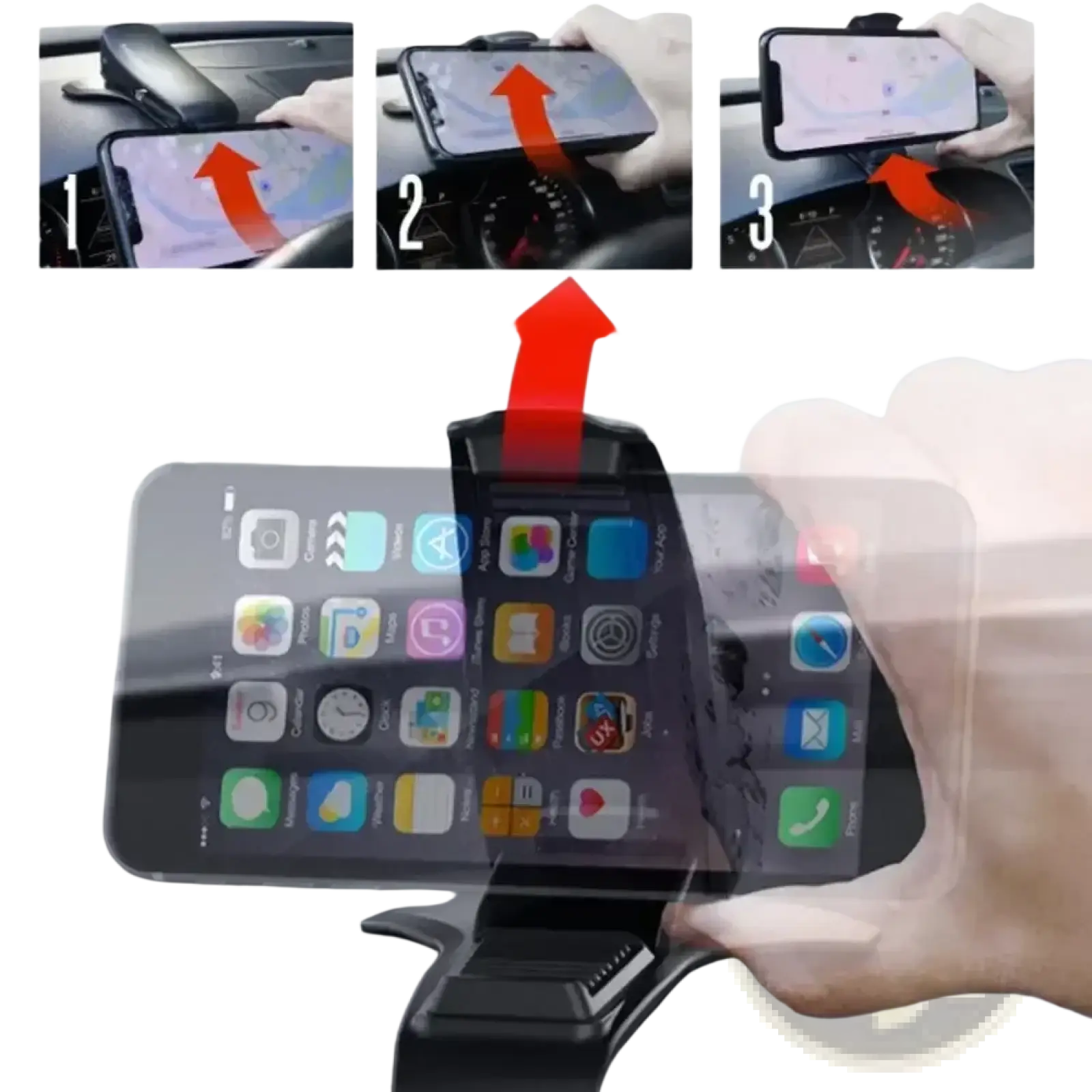 Black plastic car dashboard phone mount with adjustable clamping mechanism for secure attachment and rotation