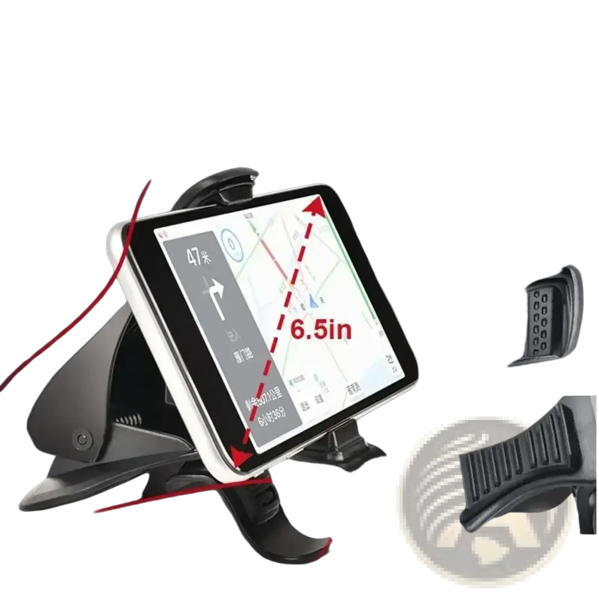 Black plastic car dashboard phone mount with clamp and adjustable arm for securely holding smartphones and gps devices
