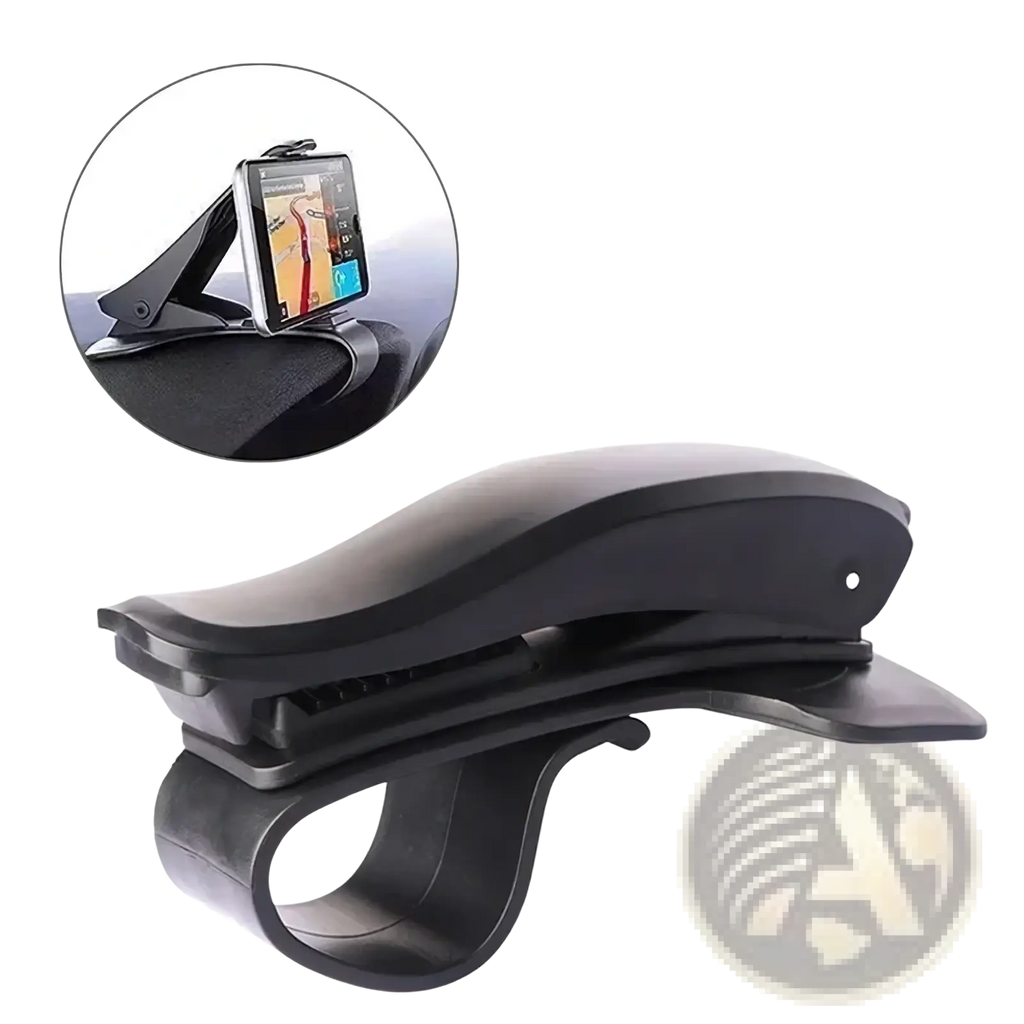 Black plastic car dashboard phone mount with 360-degree rotatable curved ergonomic design for gps holder stand