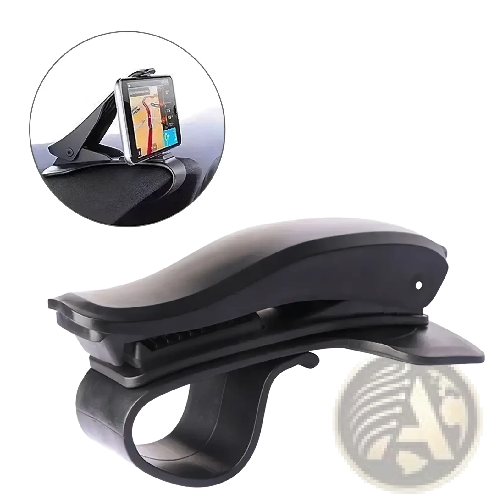 Black plastic car dashboard phone mount with 360-degree rotatable curved ergonomic design for gps holder stand