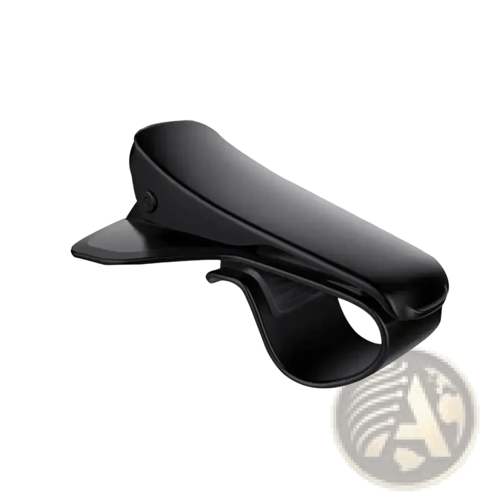 Black plastic car dashboard phone mount with clip and curved base for secure grip and rotatable gps holder stand
