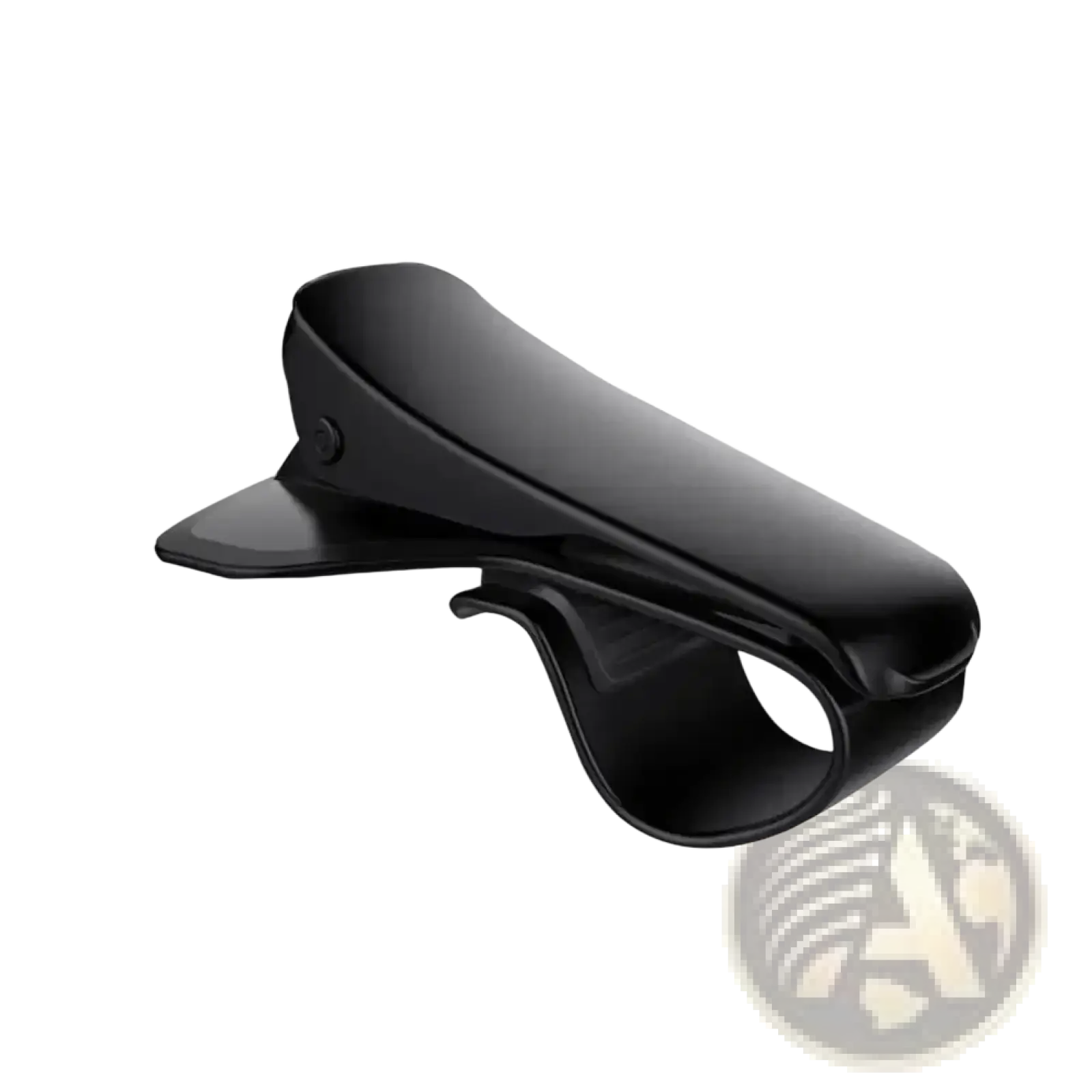 Black plastic car dashboard phone mount with clip and curved base for secure grip and rotatable gps holder stand