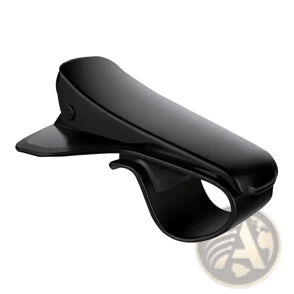 Black plastic car dashboard phone mount with sleek curved design and clip mechanism for rotatable gps holding