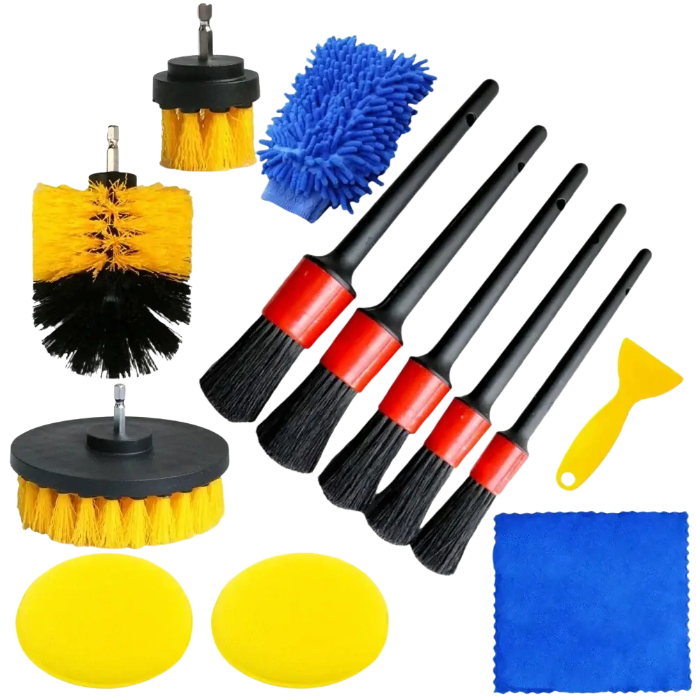 13-piece car detailing brush and polishing kit with yellow black bristle brushes blue microfiber mitts and yellow scraper